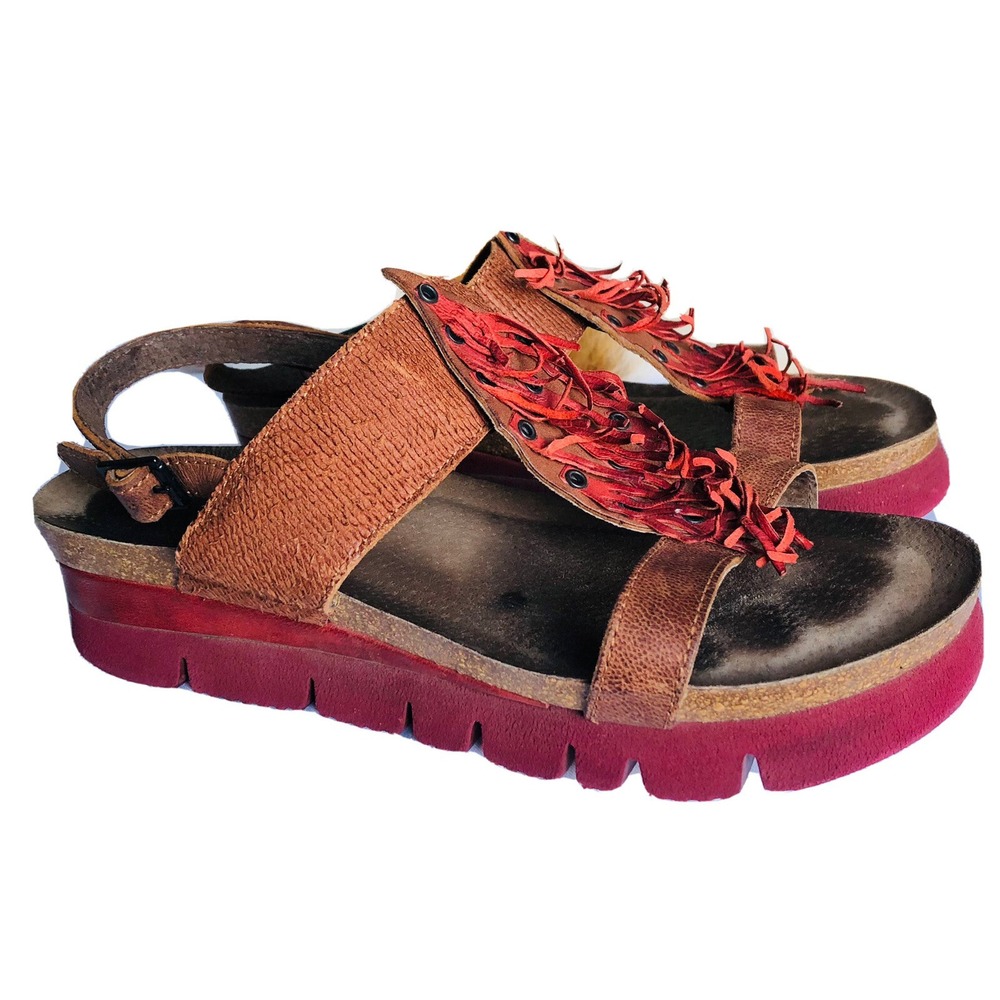 TAKEME Wedge Platform Sandals Womens 8 Ankle Strap Brown Leather Fringes Boho